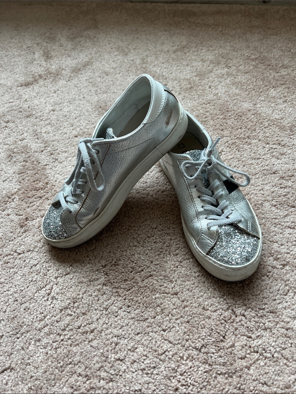 D.A.T.E. Silver Glitter Toe White Leather Sneakers